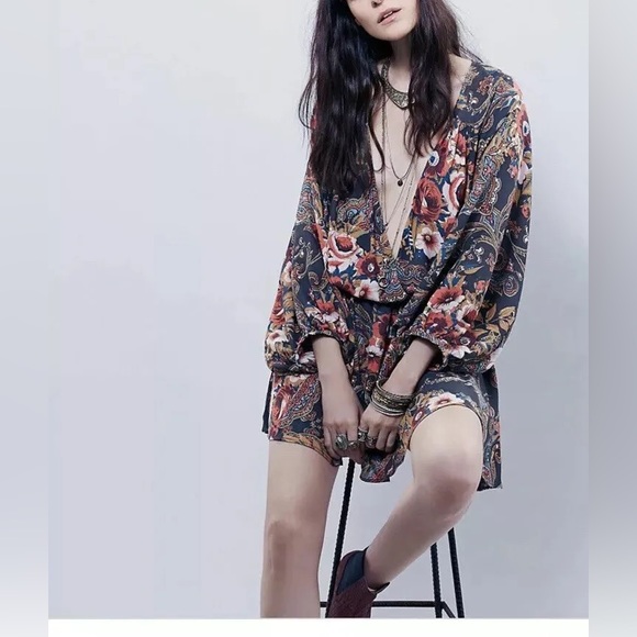 Free People Black Paisley High Plains Mini Dress Style OB442342 Size XS - Picture 2 of 5